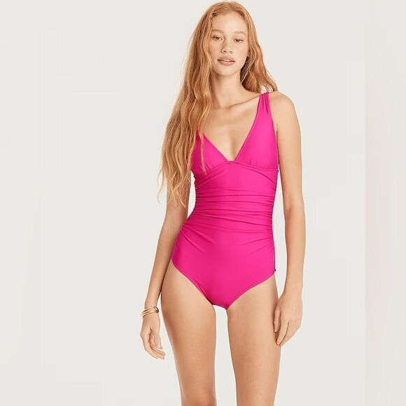 J. CREW Ruched V-Neck One Piece Swimsuit Pink *NEW* - Picture 2 of 2